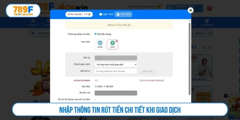 Nhập thông tin rút tiền chi tiết khi giao dịch