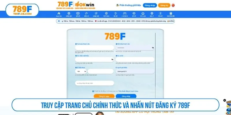 Truy cập trang chủ chính thức và nhấn nút đăng ký 789F